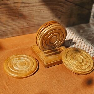 Retro Wooden Coaster SET of 4 With Coaster Holder Base